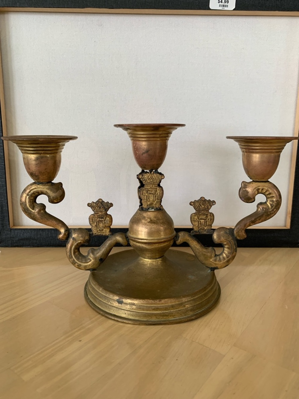 VTG Brass 3 Arm Candelabra Ornate Details Boho Eclectic 9” X 6” Round Base